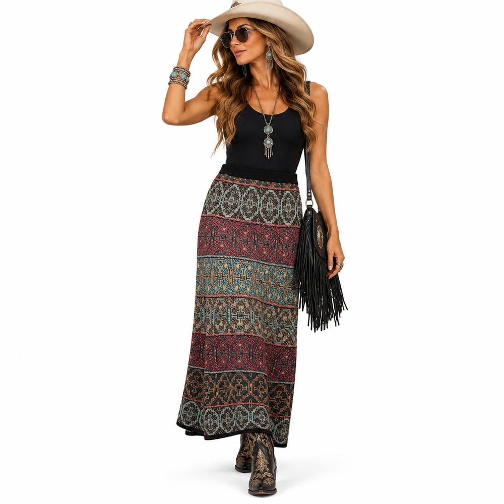 Double D Ranch Womens L Southwestern Knit Maxi Skirt Linen Cotton Western Boho